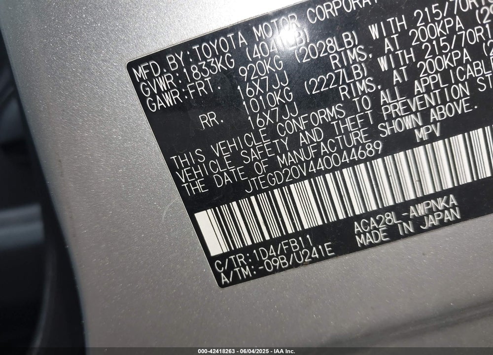 2004 TOYOTA RAV4 VIN: JTEGD20V440044689