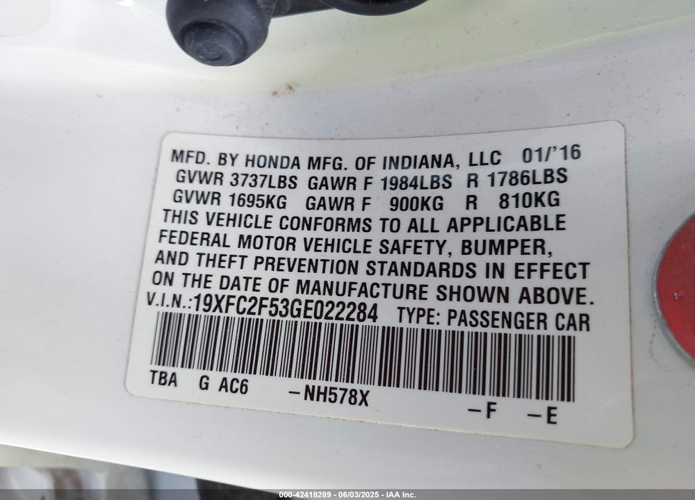 2016 HONDA CIVIC VIN: 19XFC2F53GE022284