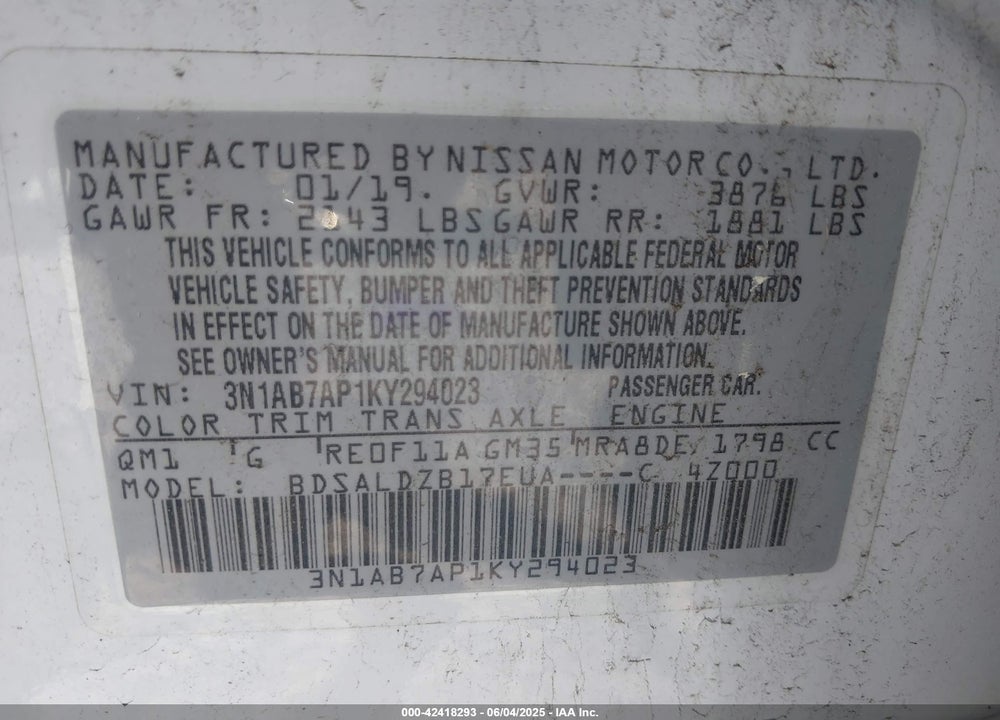 2019 NISSAN SENTRA SV VIN: 3N1AB7AP1KY294023