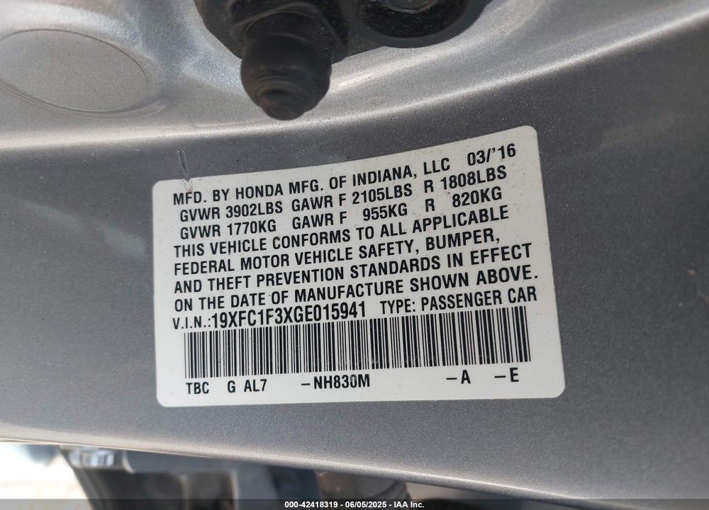2016 HONDA CIVIC EX-T VIN: 19XFC1F3XGE015941