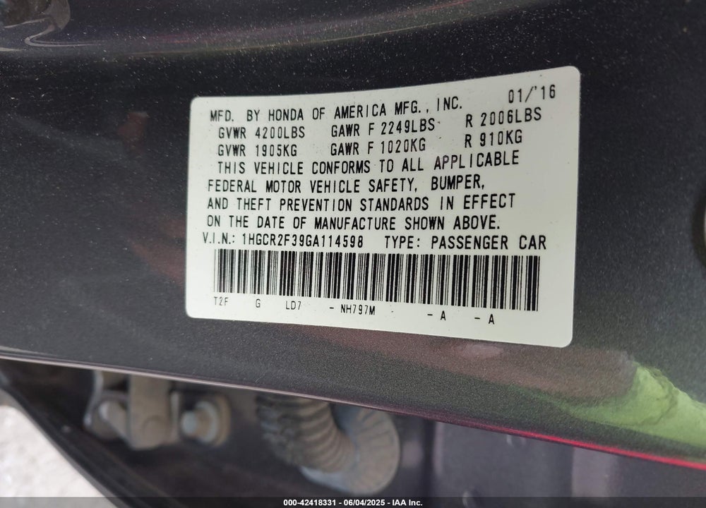 2016 HONDA ACCORD VIN: 1HGCR2F39GA114598