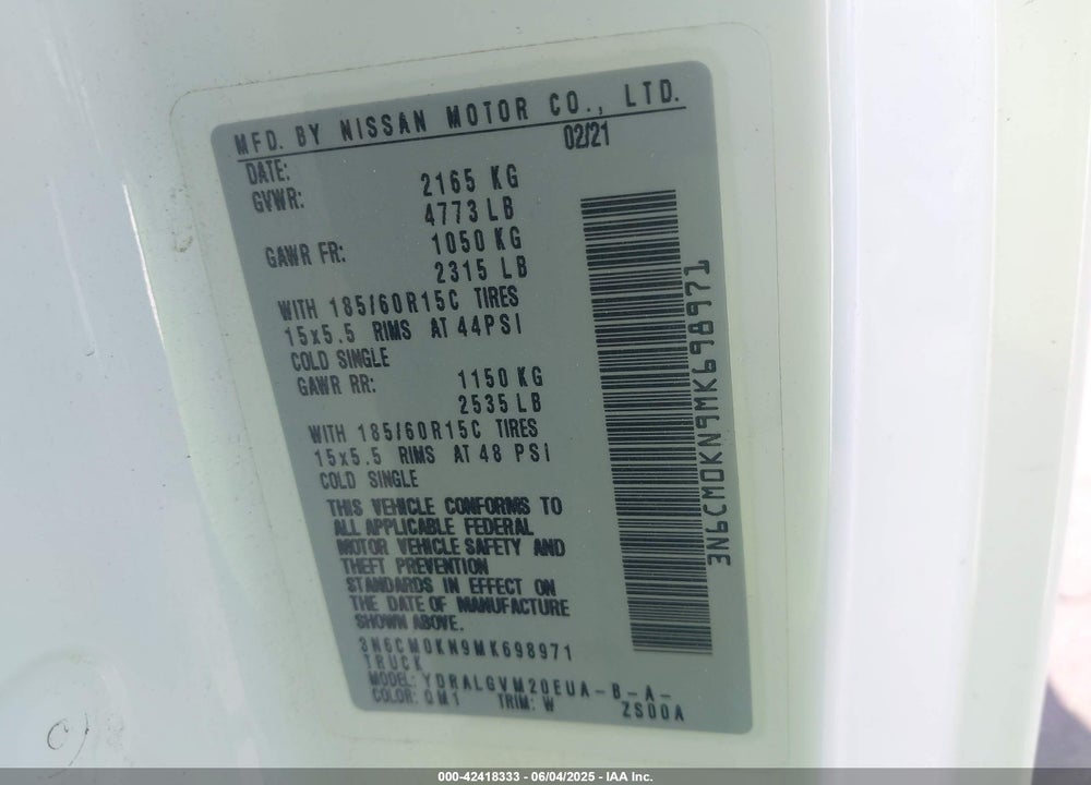 2021 NISSAN NV200 VIN: 3N6CM0KN9MK698971