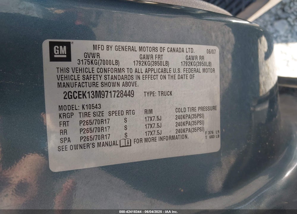 2007 CHEVROLET SILVERADO 1500 LT1 VIN: 2GCEK13M971728449