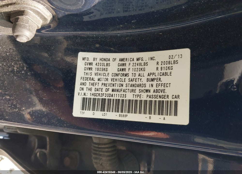 2013 HONDA ACCORD VIN: 1HGCR2F30DA111035