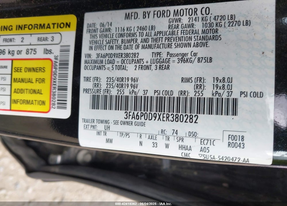 2014 FORD FUSION TITANIUM VIN: 3FA6P0D9XER380282