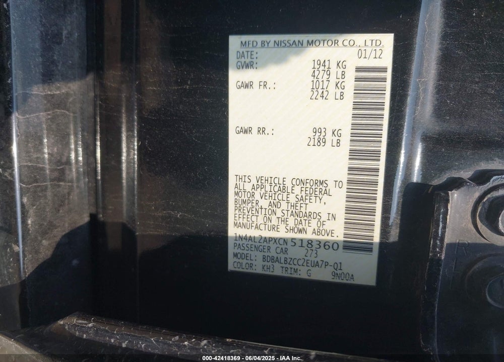 2012 NISSAN ALTIMA 2.5 S VIN: 1N4AL2APXCN518360