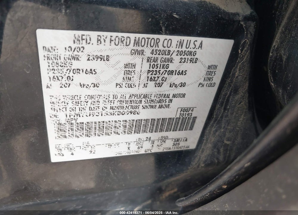 2003 FORD ESCAPE XLT VIN: 1FMYU93153KB00986
