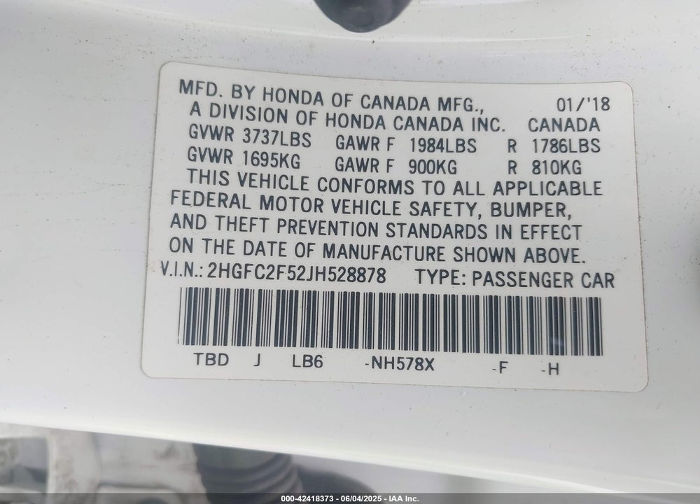 2018 HONDA CIVIC VIN: 2HGFC2F52JH528878