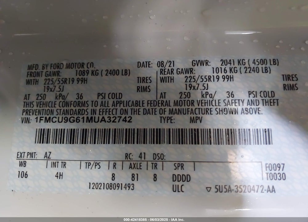 2021 FORD ESCAPE VIN: 1FMCU9G61MUA32742