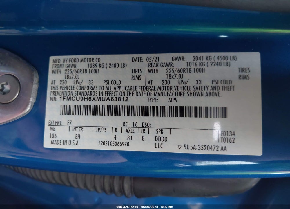 2021 FORD ESCAPE VIN: 1FMCU9H6XMUA63812