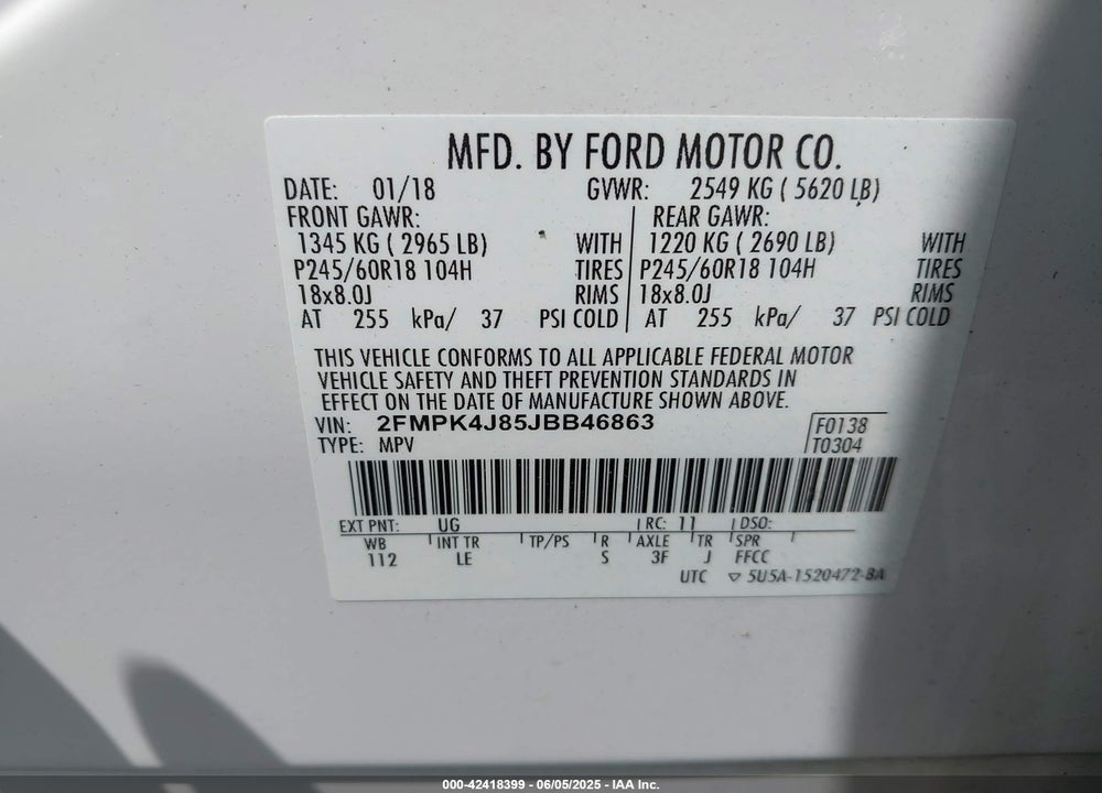 2018 FORD EDGE VIN: 2FMPK4J85JBB46863