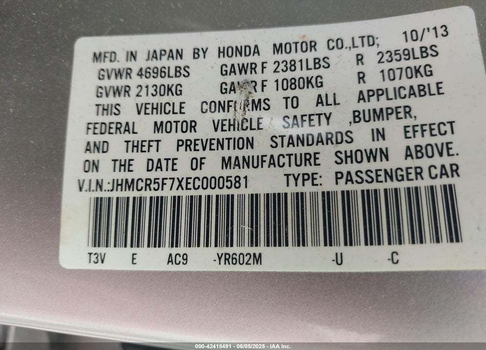 2014 HONDA ACCORD VIN: JHMCR5F7XEC000581