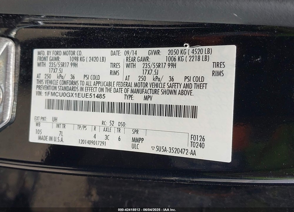 2014 FORD ESCAPE SE VIN: 1FMCU0GX1EUE51485