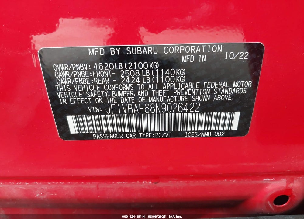 2022 SUBARU WRX VIN: JF1VBAF68N9026422
