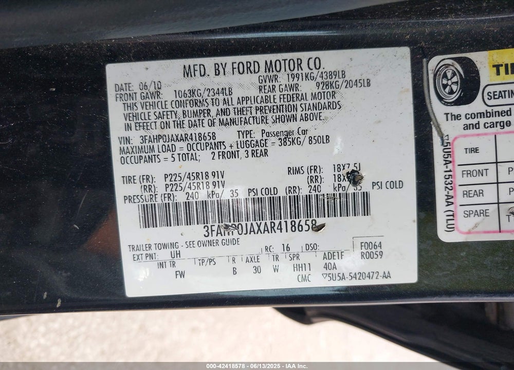 2010 FORD FUSION SEL VIN: 3FAHP0JAXAR418658