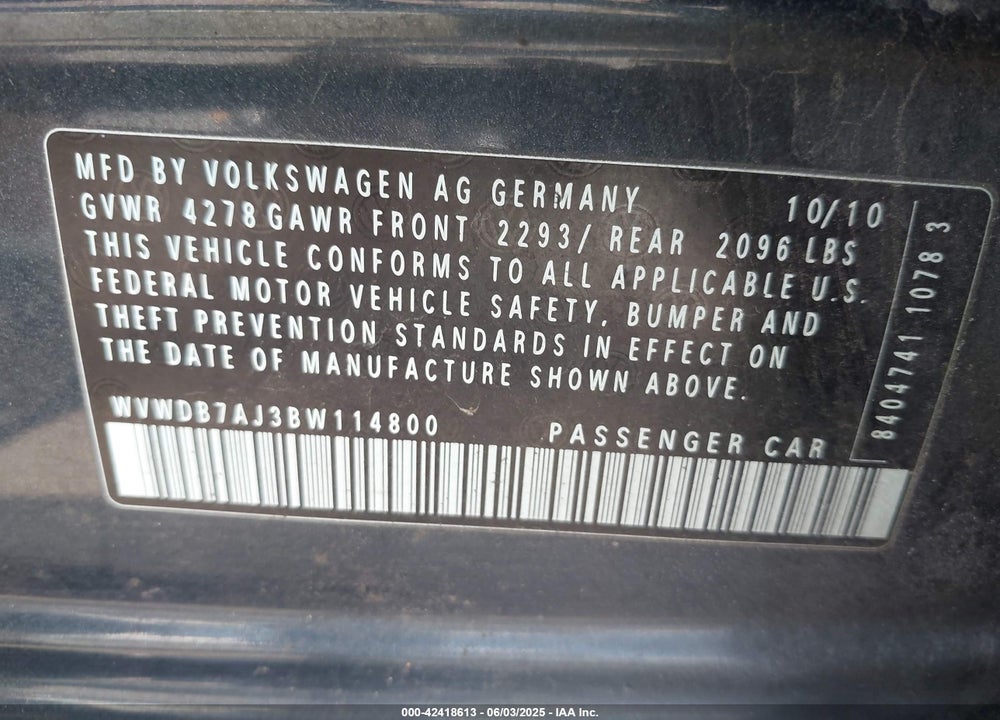2011 VOLKSWAGEN GOLF VIN: WVWDB7AJ3BW114800