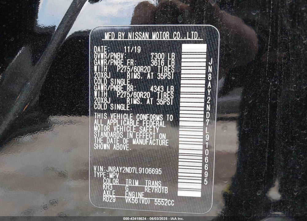 2020 NISSAN ARMADA VIN: JN8AY2ND7L9106695