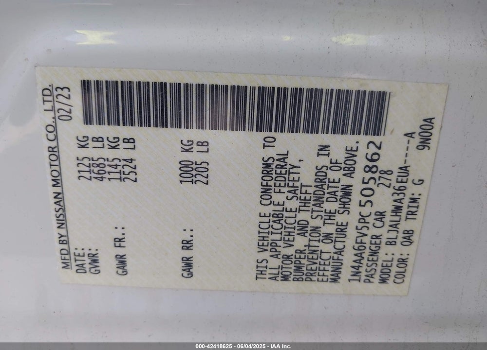 2023 NISSAN MAXIMA VIN: 1N4AA6FV5PC505862