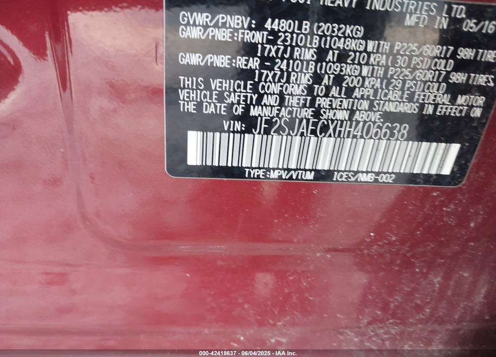 2017 SUBARU FORESTER VIN: JF2SJAECXHH406638