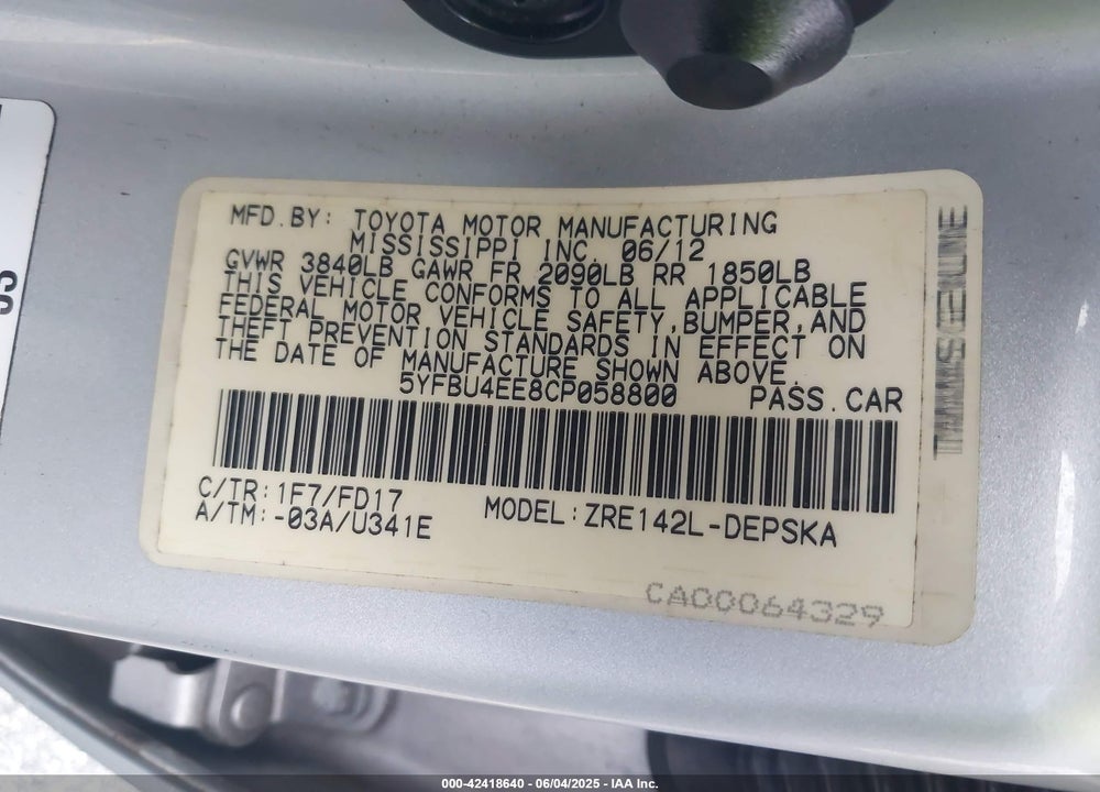 2012 TOYOTA COROLLA S VIN: 5YFBU4EE8CP058800