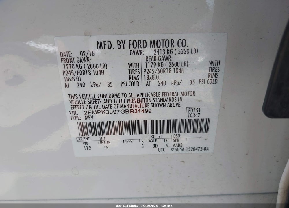 2016 FORD EDGE SEL VIN: 2FMPK3J97GBB31499