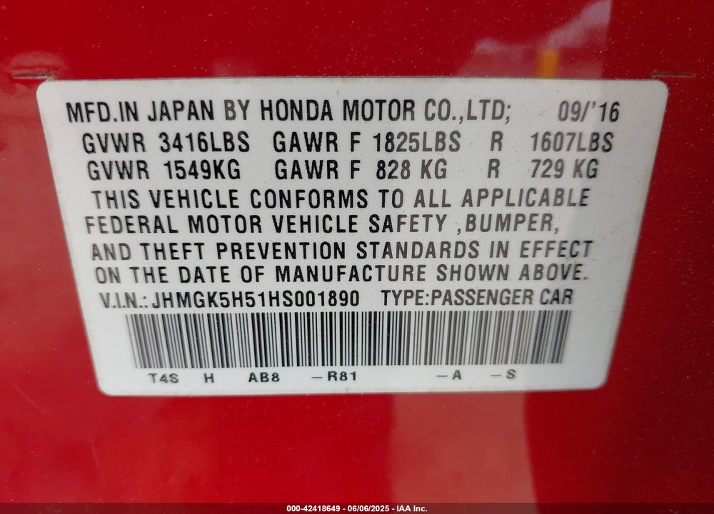 2017 HONDA FIT LX VIN: JHMGK5H51HS001890