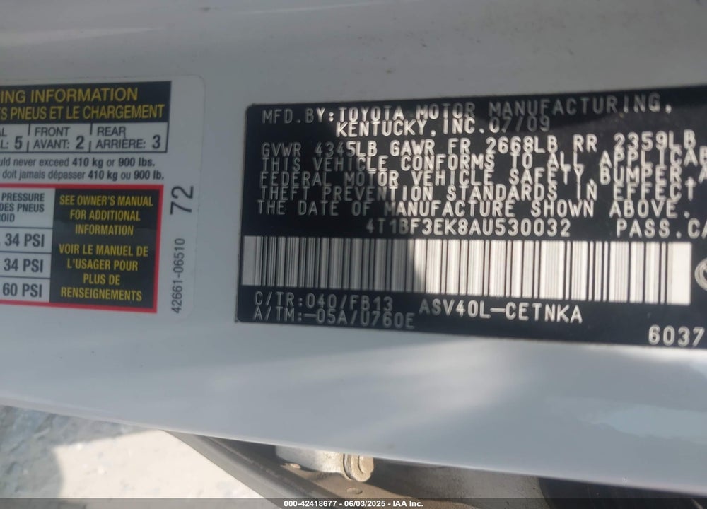 2010 TOYOTA CAMRY LE VIN: 4T1BF3EK8AU530032