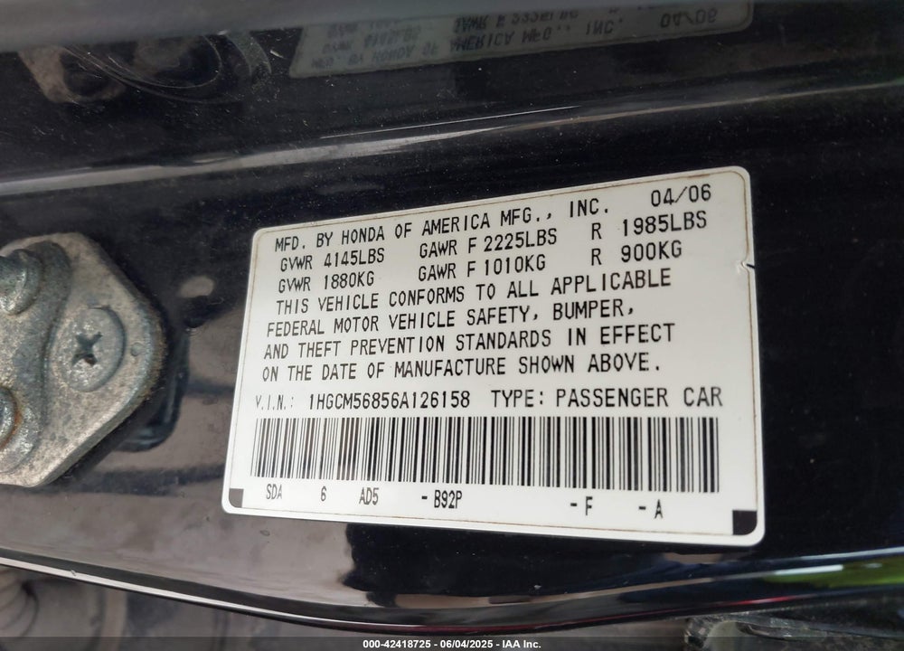 2006 HONDA ACCORD VIN: 1HGCM56856A126158