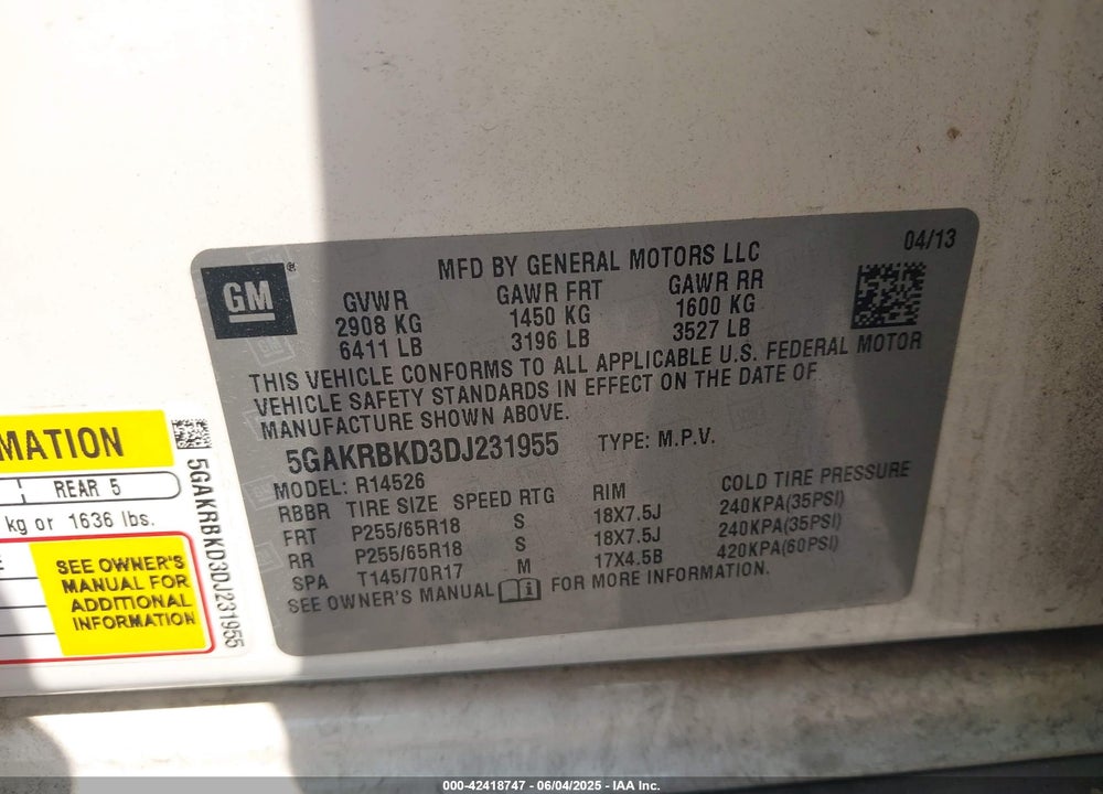 2013 BUICK ENCLAVE CONVENIENCE VIN: 5GAKRBKD3DJ231955