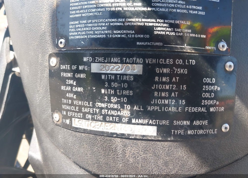 2022 TAOTAO PONY VIN: L9NTCBAE2N1301706