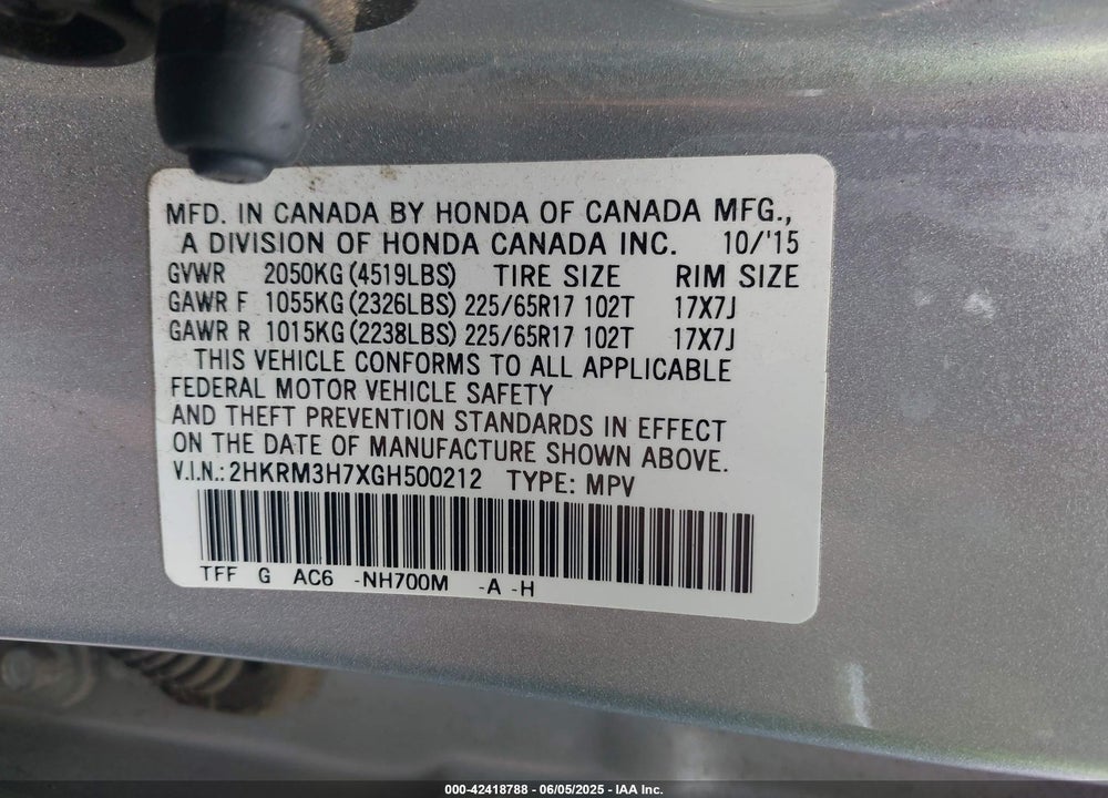 2016 HONDA CR-V EX-L VIN: 2HKRM3H7XGH500212