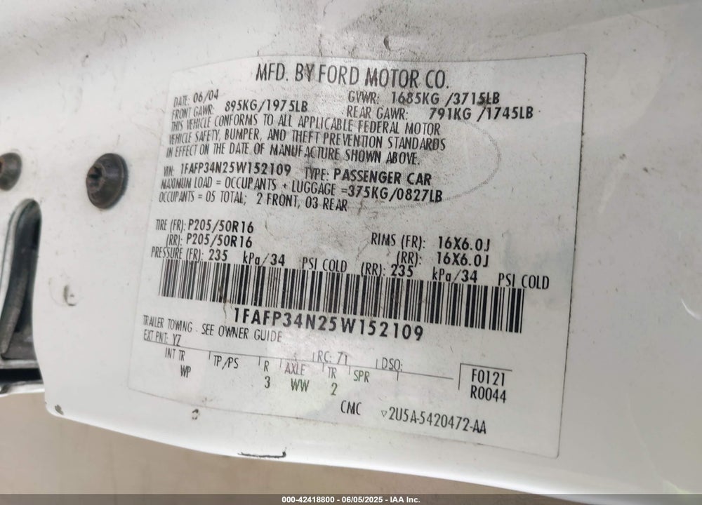 2005 FORD FOCUS ZX4 VIN: 1FAFP34N25W152109