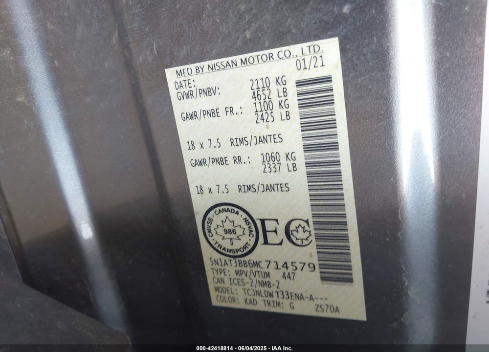 2021 NISSAN ROGUE VIN: 5N1AT3BB6MC714579