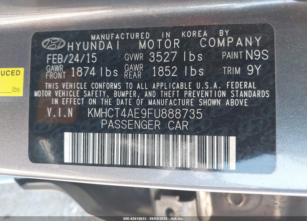 2015 HYUNDAI ACCENT VIN: KMHCT4AE9FU888735