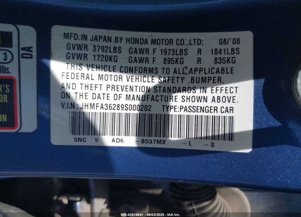 2009 HONDA CIVIC HYBRID VIN: JHMFA36289S000202