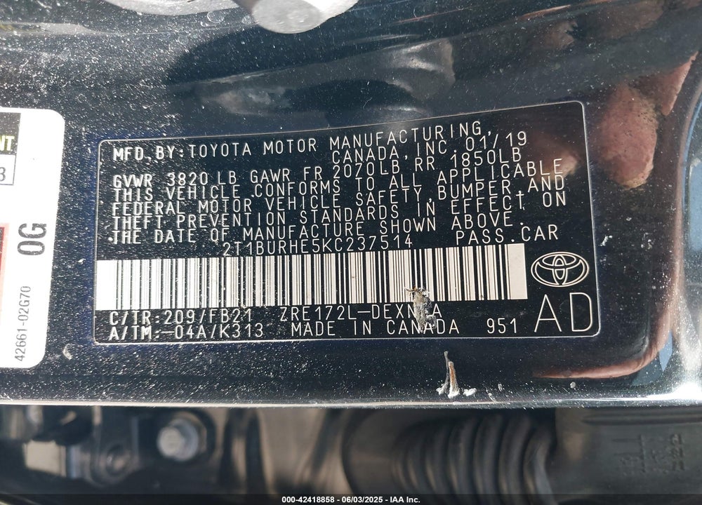 2019 TOYOTA COROLLA VIN: 2T1BURHE5KC237514
