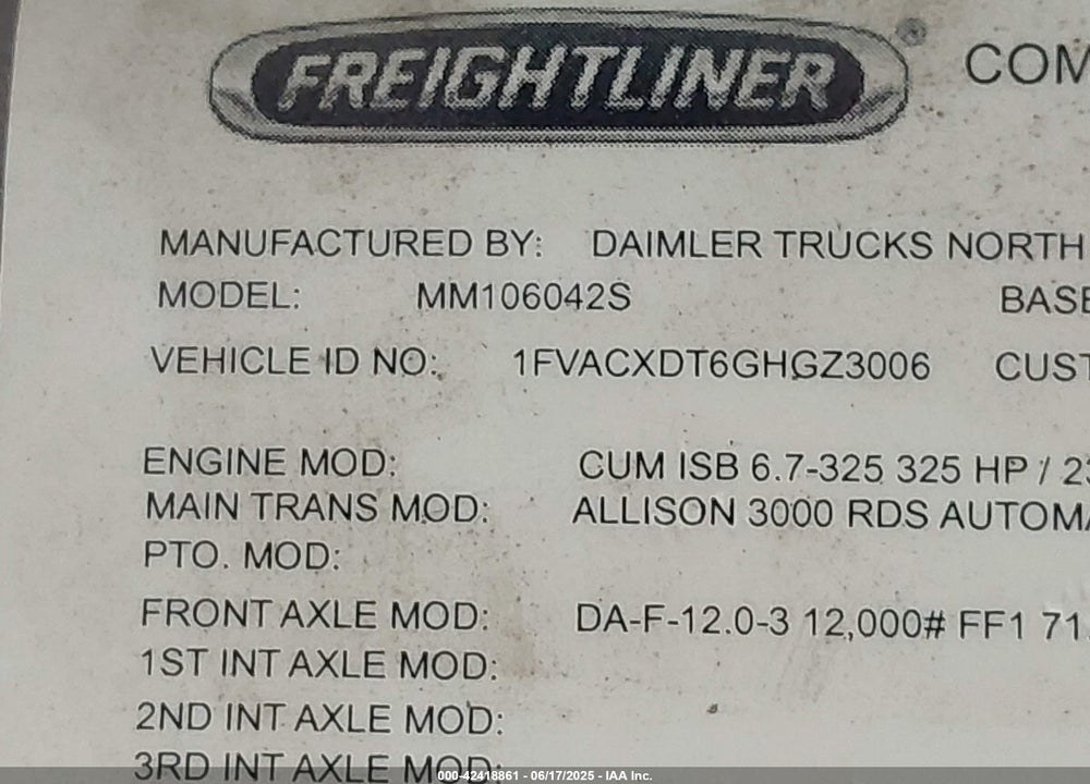 2016 FREIGHTLINER M2 106 MEDIUM DUTY VIN: 1FVACXDT6GHGZ3006