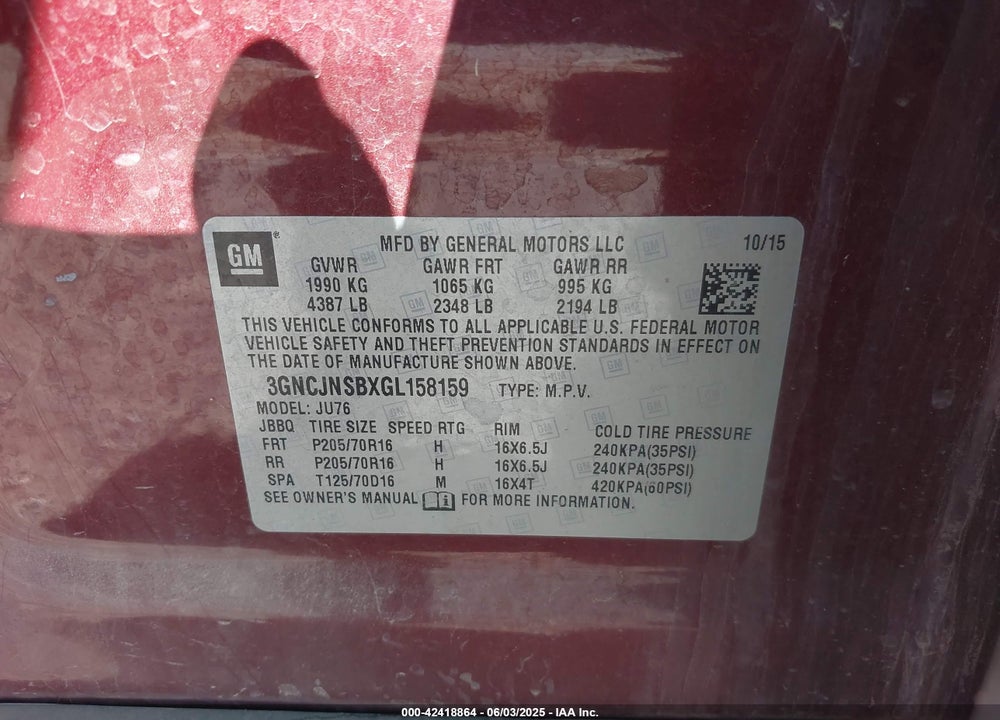 2016 CHEVROLET TRAX VIN: 3GNCJNSBXGL158159
