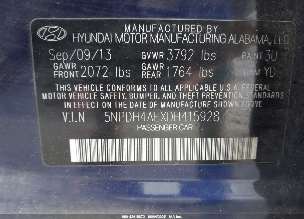 2013 HYUNDAI ELANTRA GLS VIN: 5NPDH4AEXDH415928