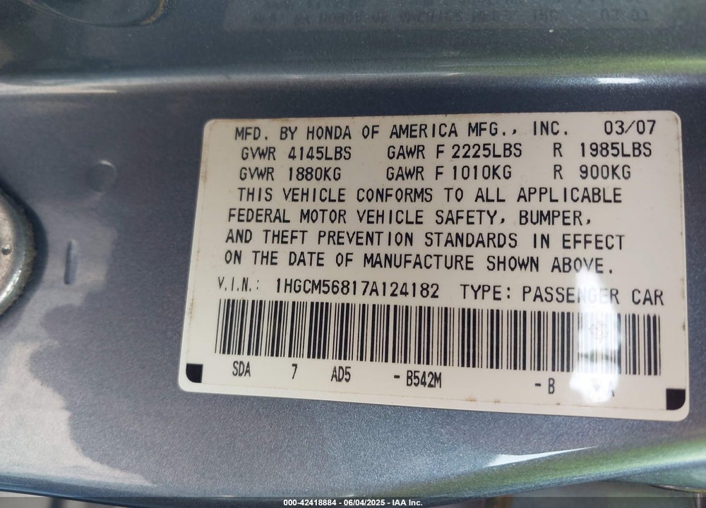 2007 HONDA ACCORD 2.4 EX VIN: 1HGCM56817A124182