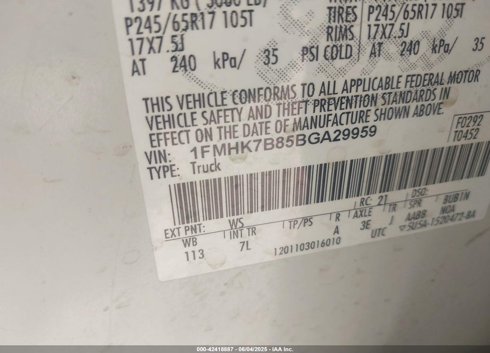 2011 FORD EXPLORER VIN: 1FMHK7B85BGA29959