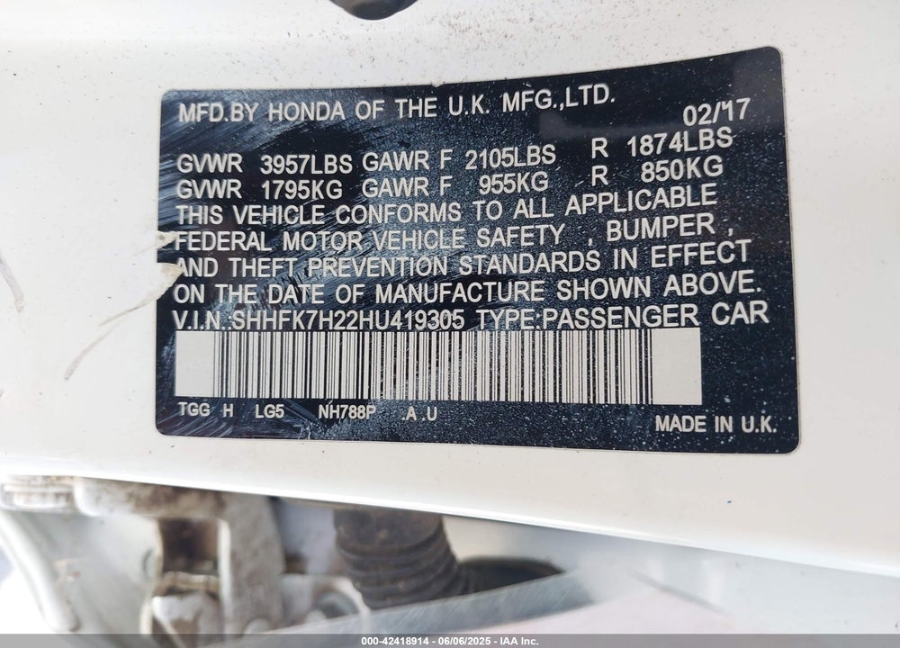 2017 HONDA CIVIC LX VIN: SHHFK7H22HU419305