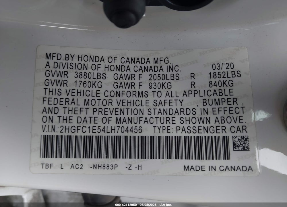 2020 HONDA CIVIC VIN: 2HGFC1E54LH704456