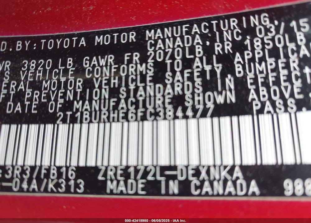 2015 TOYOTA COROLLA LE VIN: 2T1BURHE6FC384477