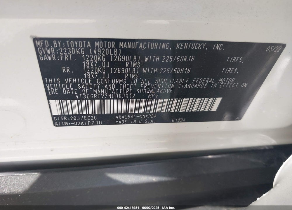 2022 TOYOTA RAV4 HYBRID VIN: 4T3E6RFV7NU083912