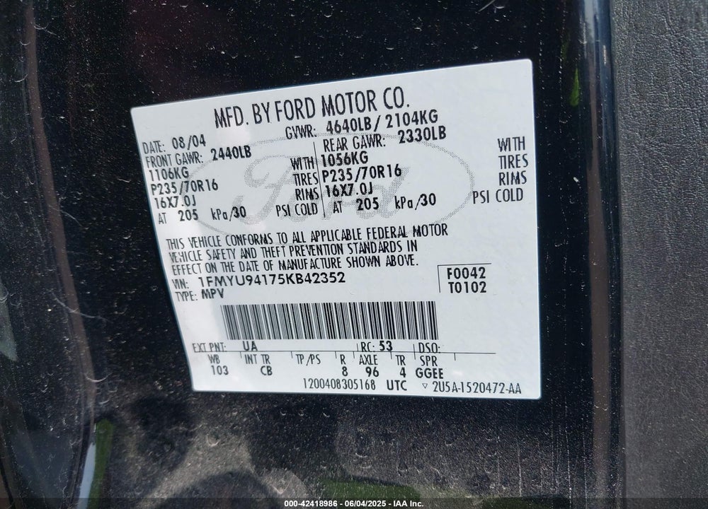 2005 FORD ESCAPE LIMITED VIN: 1FMYU94175KB42352