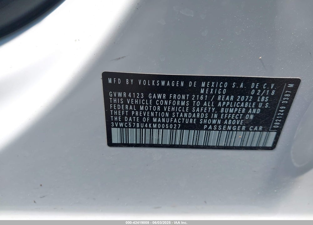 2019 VOLKSWAGEN JETTA VIN: 3VWC57BU4KM005027