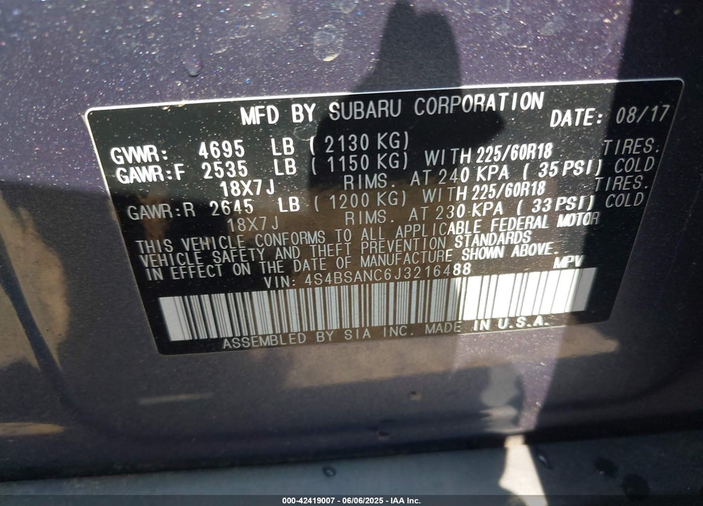 2018 SUBARU OUTBACK VIN: 4S4BSANC6J3216488