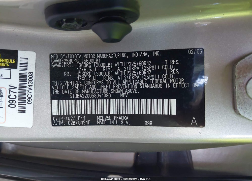 2005 TOYOTA SIENNA XLE LIMITED VIN: 5TDBA22C05S041080
