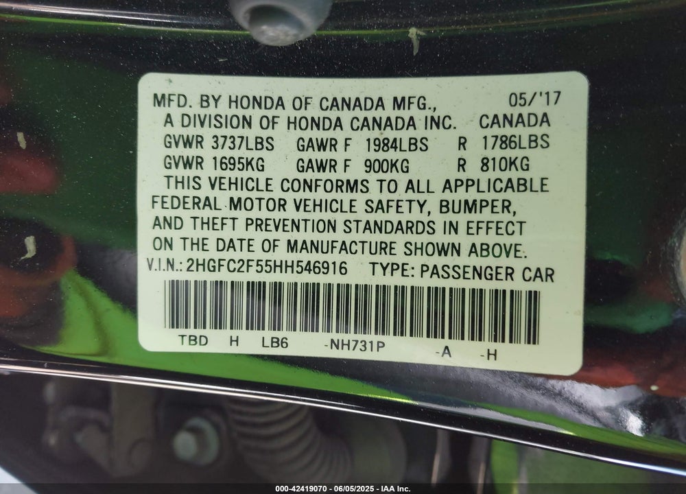 2017 HONDA CIVIC LX VIN: 2HGFC2F55HH546916